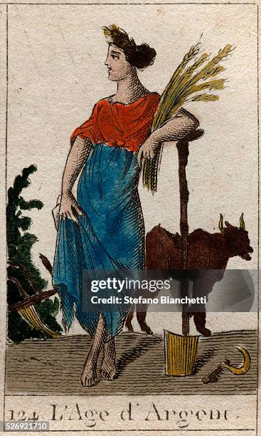 Silver Age depicted as a young woman, holding a sheaf and standing by a plow and a billhook - From " Mythologie de la jeunesse " by Pierre Blanchard.