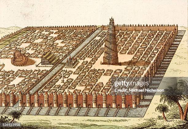 An 18th-century engraving of the Tower of Babel, the Hanging Gardens of Bablyon and the Babylonian Royal Palace. The whole complex is surrounded by...
