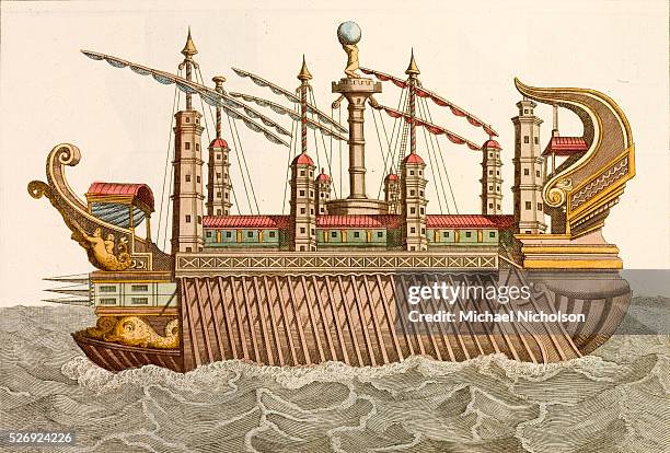 An 18th-century print of a royal barge as used by L. Nemi or Caligula.