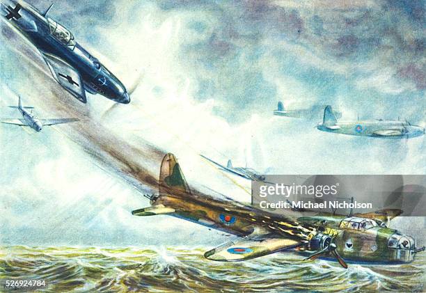 German World War II propaganda postcard depicting a Luftwaffe fighter shooting down a British RAF Vickers Wellington aircraft over the sea.