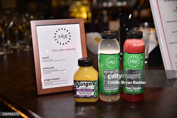 Selection of Juice Press beverages at the Gisele Bundchen Spring Fling book launch on April 30, 2016 in New York City.