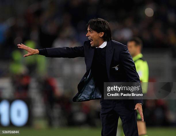 Lazio head coach Simone Inzaghi gestures during the Serie A match between SS Lazio and FC Internazionale Milano at Stadio Olimpico on May 1, 2016 in...