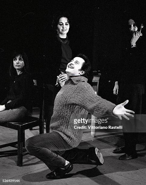 Italian singer, songwriter and actor Domenico Modugno on the set of a TV show.