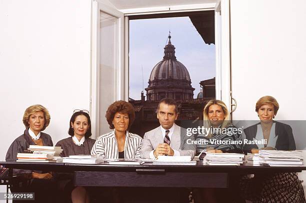 German Creative Director for Fur and Women Ready-to-Wear Karl Lagerfeld, surrounded by the five Fendi sisters, heads of the Fendi Italian luxury...