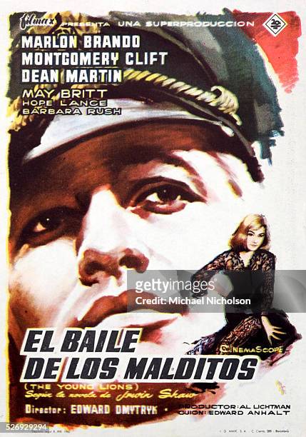 Small Spanish film poster for the 1958 20th Century Fox Second World War film "The Young Lions." Directed by Edward Dmytrykm the film starred Marlon...