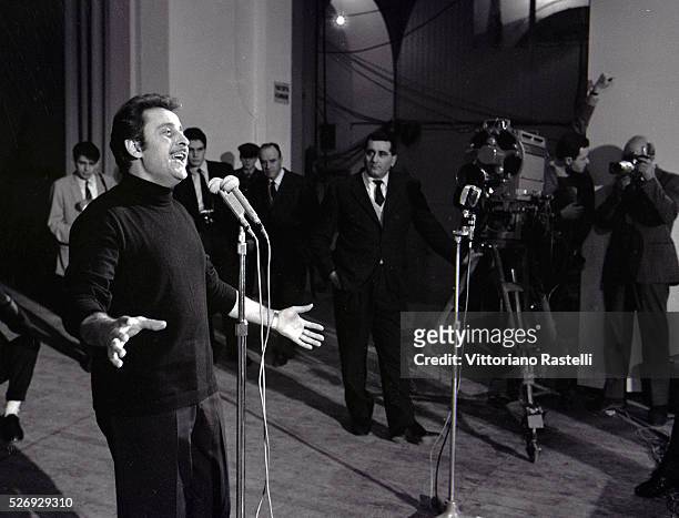 San Remo, Italy, 26 January 1966. The singer Domenico Modugno in rehearsal at the Festival of San Remo.