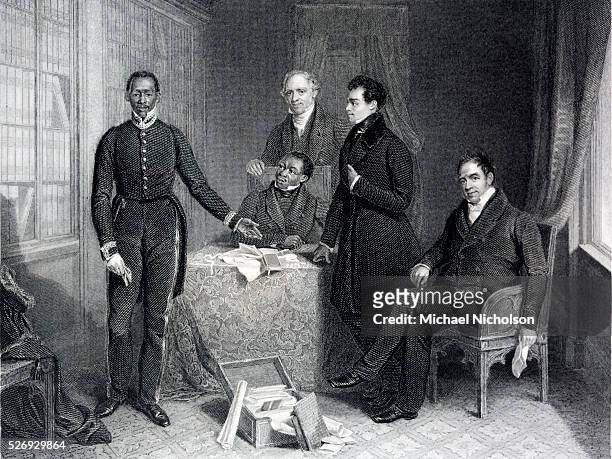 Jan Tzatzoe , Anrdris Stoffes, Reverend Doctor Philips, Reverend Read Senior and Reverend Read Junior giving evidence before the House of Commons in...