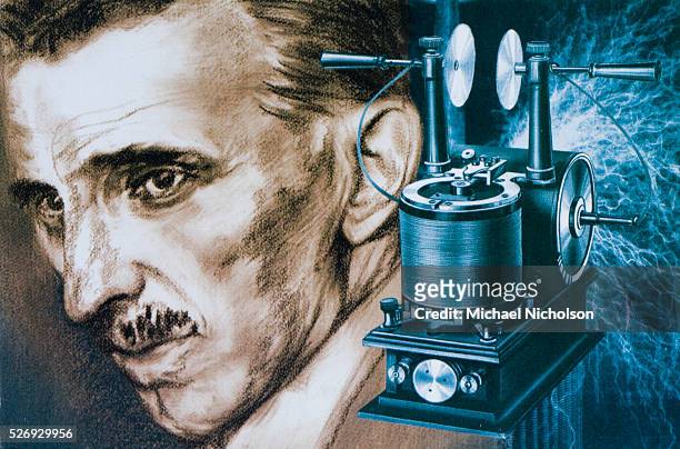 Nikola Tesla shown with an early tesla coil generating a strong electric field. Tesla is known for his revolutionary contribution to the field of...