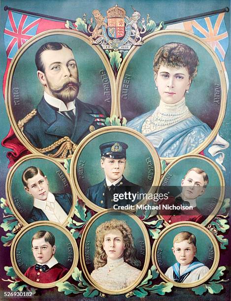 King George V of the United Kingdom and his family. King George V shown with Queen Mary, Prince Edward, Prince Albert, Prince Henry, Prince George,...