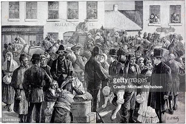 Departure of Irish emigrants for the United States from Clifden, County Galway, Ireland. Engraving by A O'Kelly published in the Illustrated London...