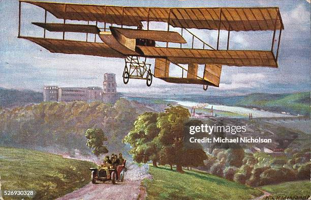 Contemporary postcard of a Farman biplane before the First World War flying, possibly above Chalons sur Marne, where it was built. Beneath, we see...