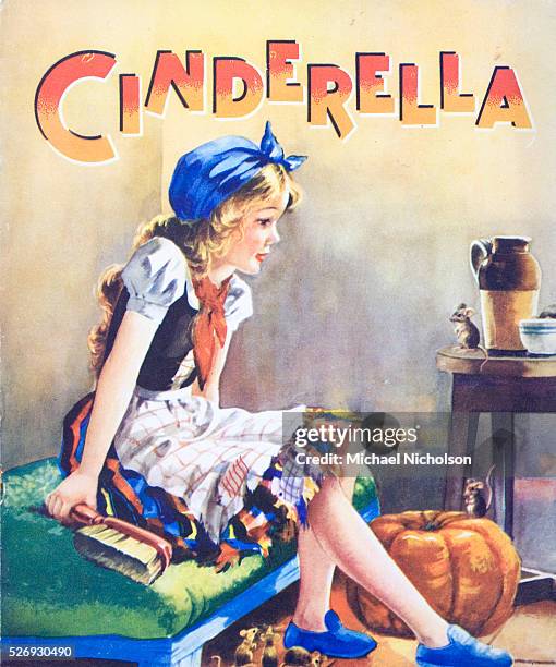 Book illustration of Cinderella, shown dressed for house cleaning with the pumpkin and friendly mice. This classic folk tale of a triumph over...