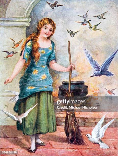 Cinderella, shown with broom and surrounded by white doves in a book illustration. This classic folk tale of a triumph over oppression may date from...