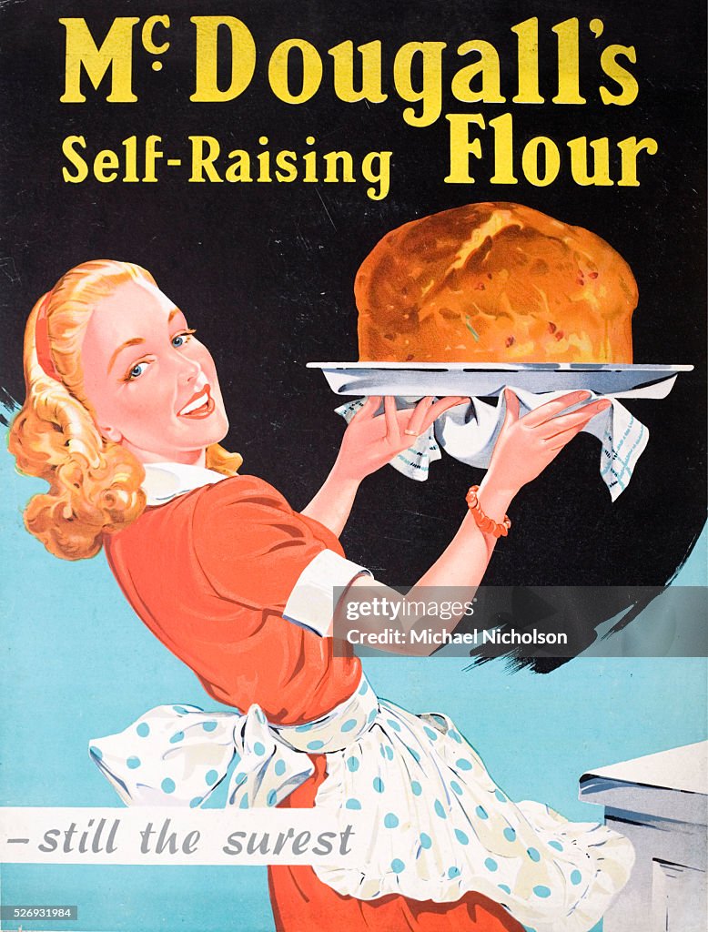 1930's advertisement for McDougall's self-raising flour. Shows a delighted apron-wearing housewife with a gloriously ris