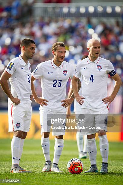 United States Men's National Captain Michael Bradley with his teammates Clint Dempsey and Fabian Johnson during the Soccer, 2015 CONCAAF Gold Cup...