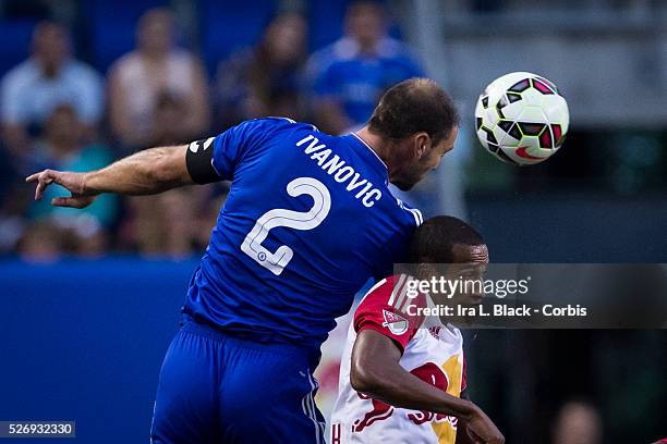 Chelsea FC captain Branislav Ivanovic heads the ball against Red Bulls player Roy Miller during the Soccer, 2015 Guinness International Champions Cup...