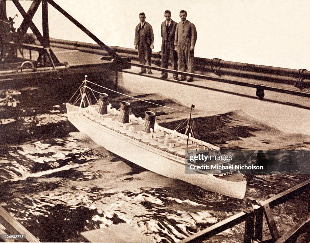 Tank 400' long by 20' wide equipped with measuring and recording instruments to test different designs for the hull of t