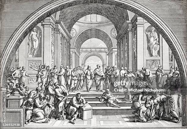 An 18th century engraving of Raphael's School of Athens. The painting depicts famous artists, philosophers, mathematicians and scientists, some...