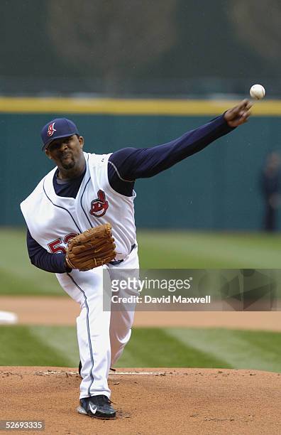 Sabathia of the Cleveland Indians pitches against the Minnesota Twins during the MLB game on April 17, 2005 at Jacobs Field in Cleveland, Ohio. The...