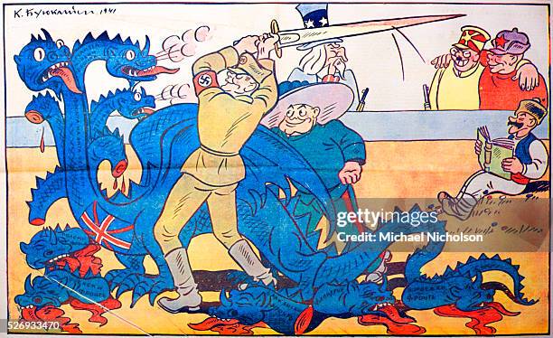 Balkan Parrot cartoon published in 1941 depicting the Geman heroic character of Deutcho weilding a sword against the hydra-headed monster of the...