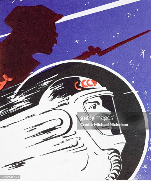 Soviet propaganda poster of a Soviet cosmonaut in front of what is obviously a soldier of the 1917 October revolution. A sort of icon symobizing how...