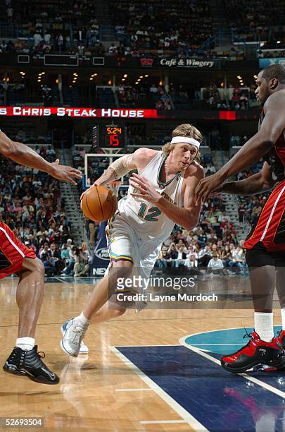 April 2, 2005: Chris Andersen of the New Orleans Hornets drives toward the basket during the game against the Miami Heat at the New Orleans Arena in...