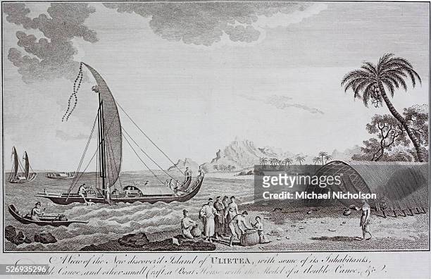 View of the newly discovered island of Ulietia with some of its inhabitants and a double canoe. Engraving from a drawing made during one of Captain...