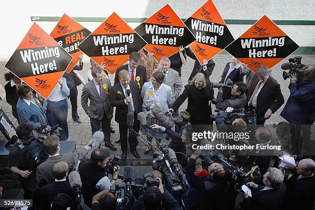 Liberal Democrat leader, Charles Kennedy, campaigns for votes in the Scottish Borders, April 25, 2005 in the town of Peebles, Scotland. Whilst on his...