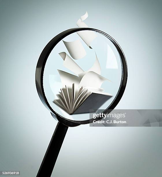 magnifying glass over book - literatur stock-fotos und bilder