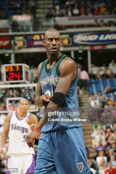 Kevin Garnett of the Minnesota Timberwolves looks on during the game against the Sacramento Kings at Arco Arena on April 3, 2005 in Sacramento,...