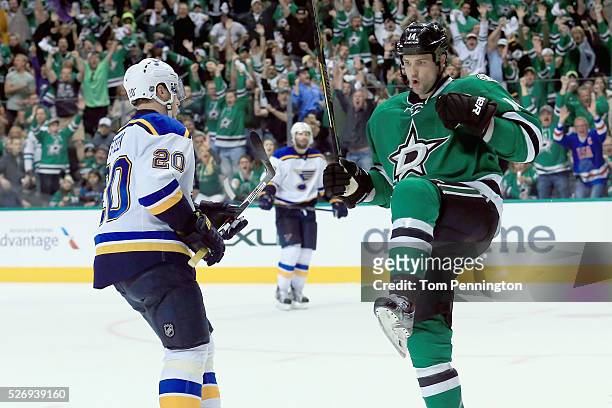 Jamie Benn of the Dallas Stars celebrates after scoring against the St. Louis Blues in the third period in Game Two of the Western Conference Second...