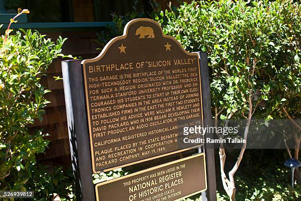 Plaque is displayed in front of the former home of Hewlett-Packard founders Bill Hewlett and Dave Packard where the company first started in 1938....