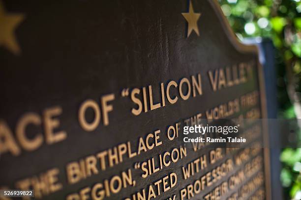 Plaque is displayed in front of the former home of Hewlett-Packard founders Bill Hewlett and Dave Packard where the company first started in 1938....