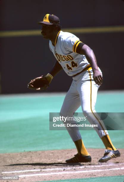 Firstbaseman Willie McCovey of the San Diego Padres prepares to field his position during a game in July 1975 against the Cincinnati Reds at...