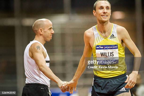 Nick Willis shakes hands with old rival Alan Webb at The Millrose Games