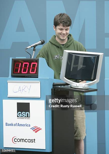 Winner Cary West reacts to a correct answer during taping of The Gameshow Network's "Get Schooled" April 23 2005 in Nashville, Tennessee. The show,...