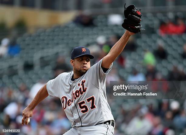 Francisco Rodriguez of the Detroit Tigers delivers a pitch against the Minnesota Twins during the ninth inning of the game on May 1, 2016 at Target...