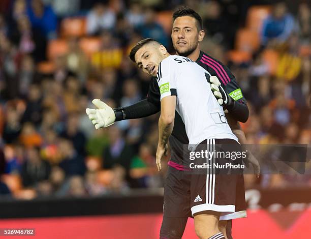 Guilherme Siqueira and Diego Alves of Valencia during the Spanish League Match match at Estadio Mestalla, Valencia, on 1May of 2016
