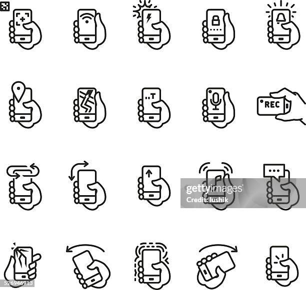 ilustrações de stock, clip art, desenhos animados e ícones de segurando o telefone apps e ícone de acções - mensagem com foto