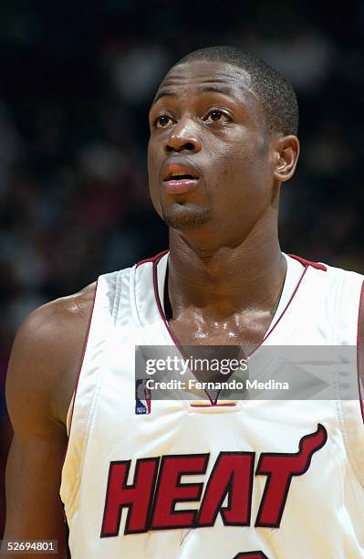 Dwyane Wade of the Miami Heat stands on the court during the game against the Phoenix Suns at American Airlines Arena on March 25, 2005 in Miami,...