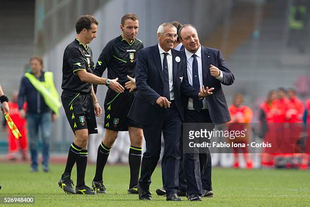 Rafael Benitez head coach of Napoli and Edy Reja of Lazio gesture during the Serie A match between SSC Napoli and SS Lazio at Stadio San Paolo on...