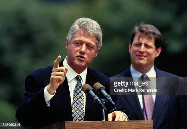 Washington, DC. 8-10-1993 President William Jefferson Clinton and Vice President Albert Gore Jr. Address the crowd gathered on the South Lawn of the...