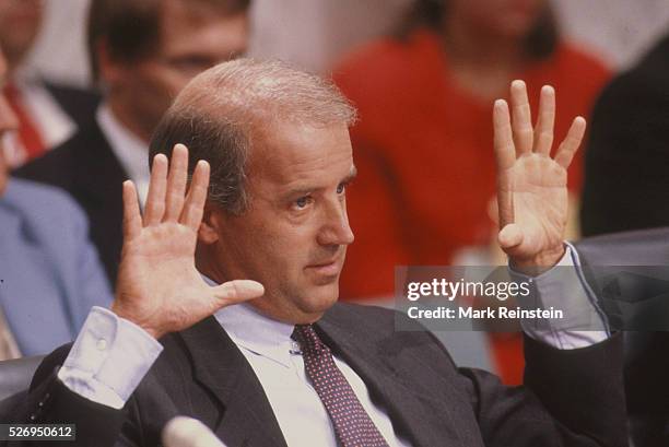 Washington, DC. 9-14- 1990 Senator Joe Biden Chairman of the Senate Judicary Committee gesstures during hearing on Capitol Hill. Joseph Robinette...