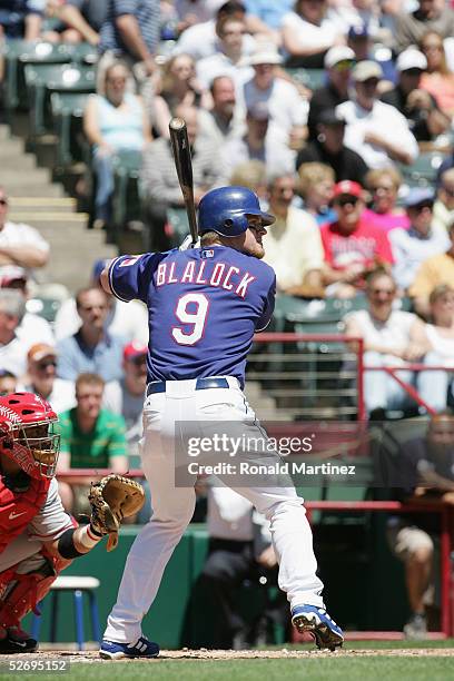 Infielder Hank Blalock of the Texas Rangers bats against the Los Angeles Angels of Anaheim on April 11, 2005 at Ameriquest Field in Arlington in...