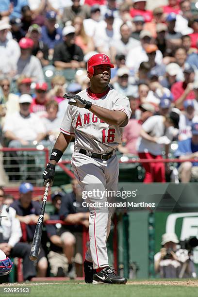 Outfielder Garret Anderson of the Los Angeles Angels of Anaheim bats against the Texas Rangers on April 11, 2005 at Ameriquest Field in Arlington in...