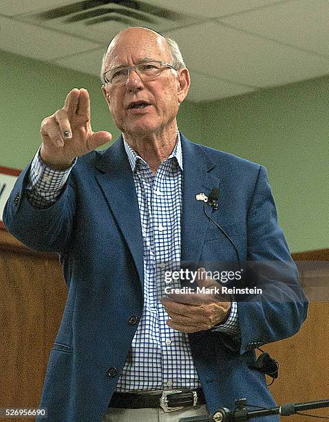 Kinsley, Kansas 9-23-2014 Senator Pat Roberts gestures during his town hall meeting with supporters in the Edwards County town of Kinsley, which is...