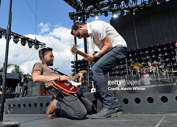 Musicians Matthew Ramsey and Brad Tursi of Old Dominion perform onstage during 2016 Stagecoach California's Country Music Festival at Empire Polo...