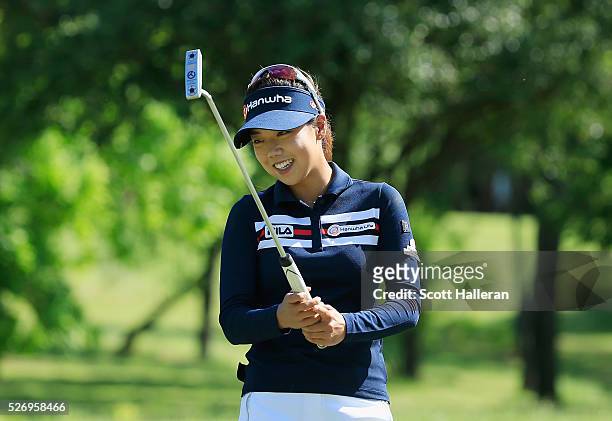 Jenny Shin reacts to a missed putt on the 16th green during the final round of the Volunteers of America Texas Shootout at Las Colinas Country Club...