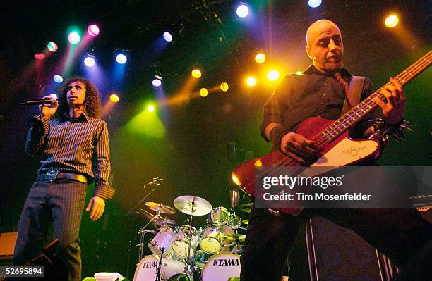 Serj Tankian and Shavo Odadjian of System of a Down perform in support of the bands "Mezmerize" release at The Fillmore on April 25, 2005 in San...