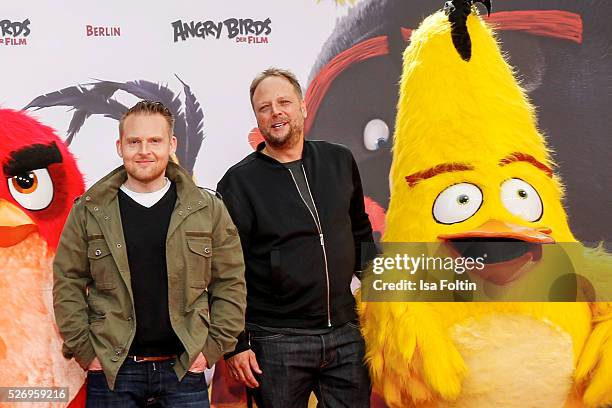 Axel Stein and Smudo attend the Berlin premiere of the film 'Angry Birds - Der Film' at CineStar on May 1, 2016 in Berlin, Germany.